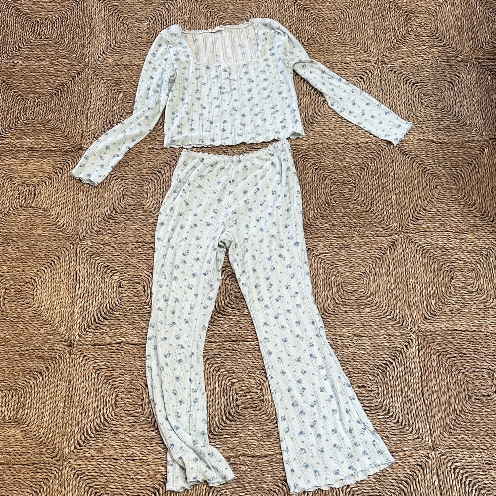 Women’s Pointelle Light Blue Floral Long Sleeve Pajama Set